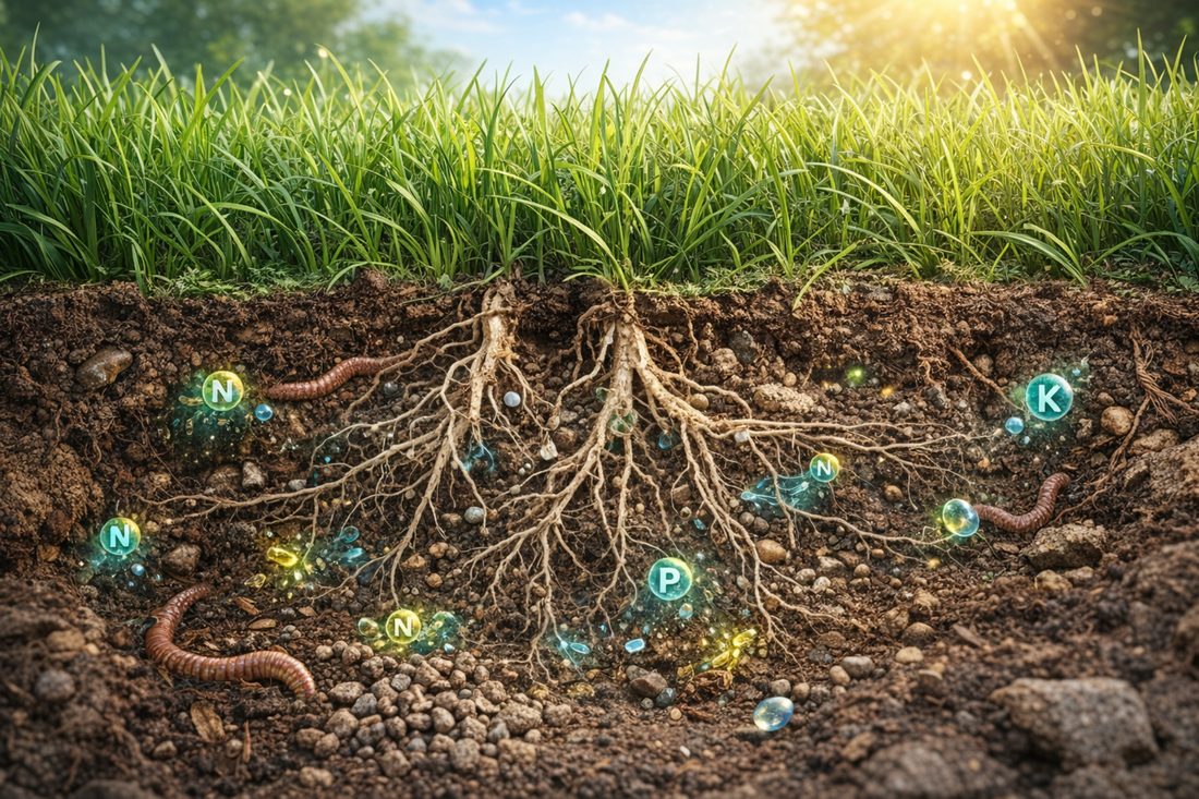 Schéma sol et développement racinaire gazon — structure racinaire avec ChloroTerre Pro