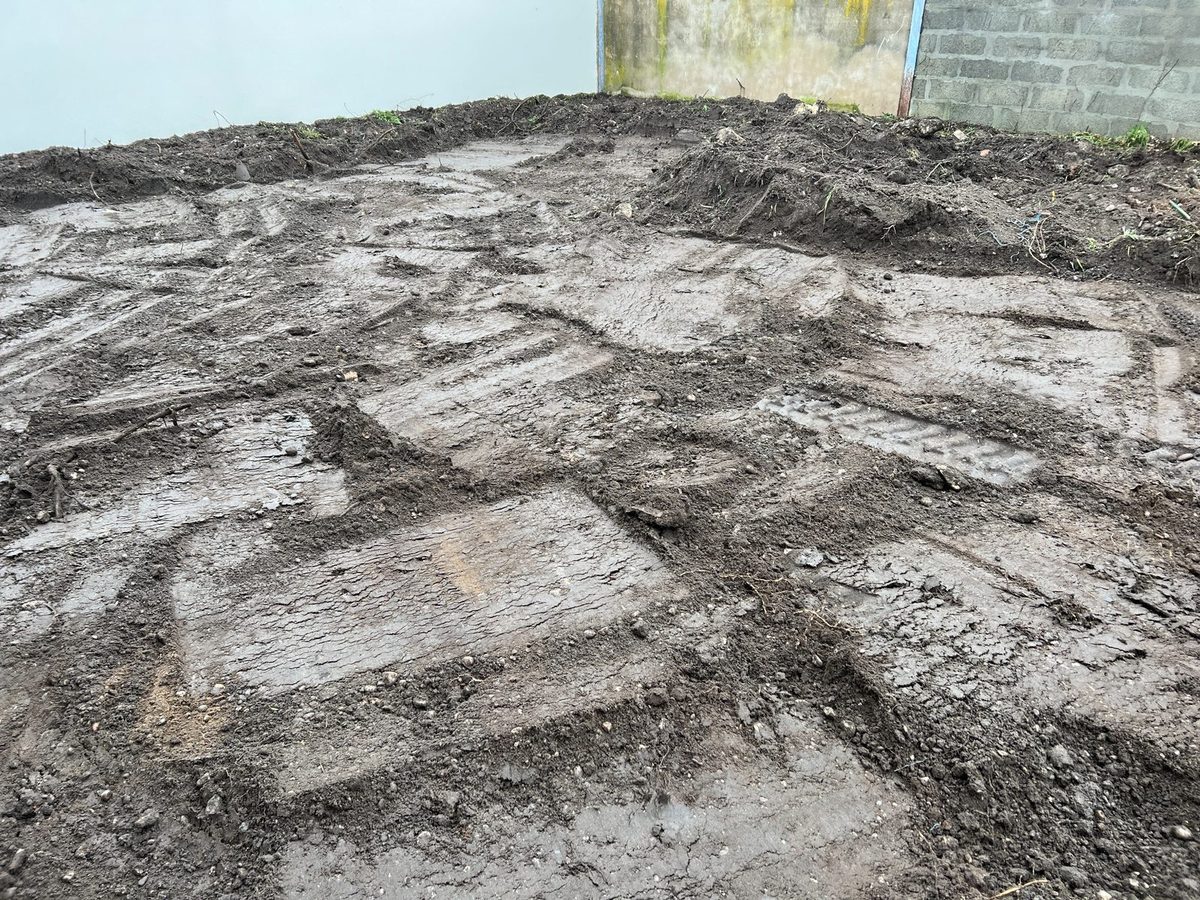 Sol argileux compacté après chantier — traces d'engins, croûte de battance, pénétration racinaire impossible